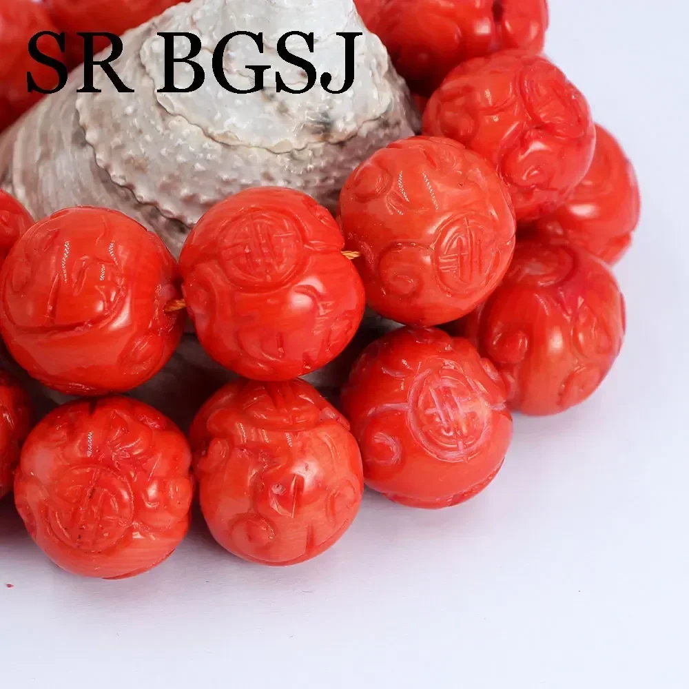 20mm Big Carved Lucky Natural Orange Sea Bamboo Coral Gem Round Loose Beads for Jewelry Making Bracelet Necklace Handmade