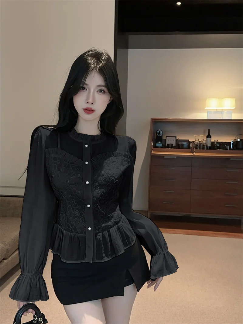 Gagaok 프렌치 스타일 여성 상의, 기질 곰팡이 접합 패션 셔츠, 슬리밍 블라우스, 캐주얼 의류, 2025 용수철 신상
