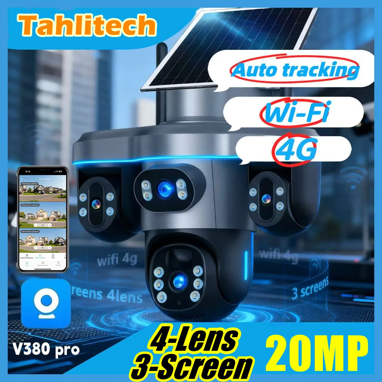 20MP 4G Solar Camera 4 Lens 3 Screens 10X Optical Zoom Outdoor Wireless Security Cameras Auto Tracking CCTV V380 Pro