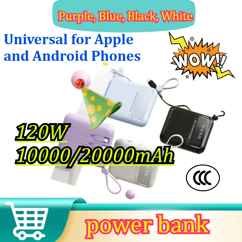 

Super Fast Charging Comes with Four Wires Small Portable Power Bank for IPhone for Xiaomi for Samsung 10000/20000mAh 120W