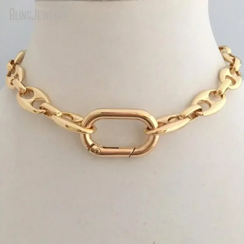 10pcs Gold Color Chunk Link Chain Necklace Carabiner Spring Lock Clasp Puffed Mariner Coffee Bean Choker Stainless Steel Jewelry