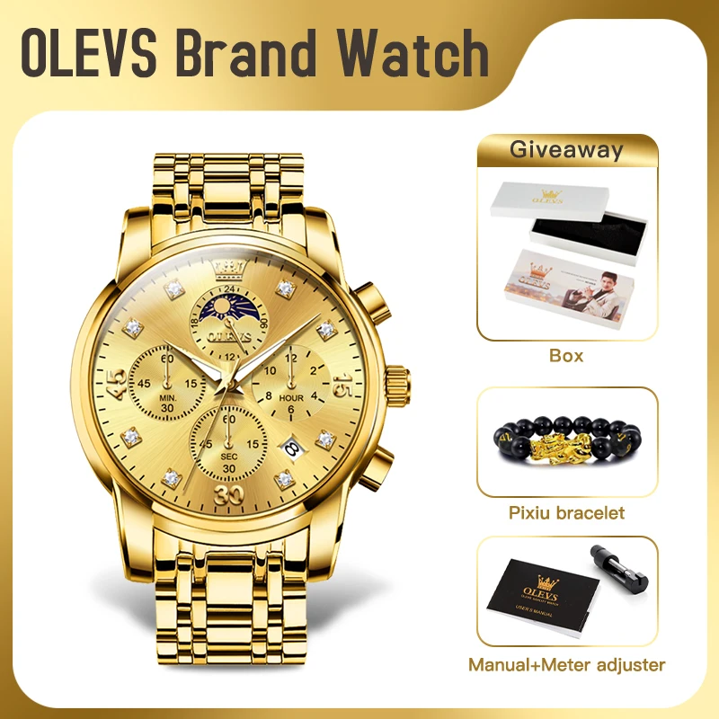 

OLEVS 3652 New Mens Watch Original Multifunctional Chronograph Quartz Watch Waterproof Automatic Date Moon Phase Watch Mens Gift