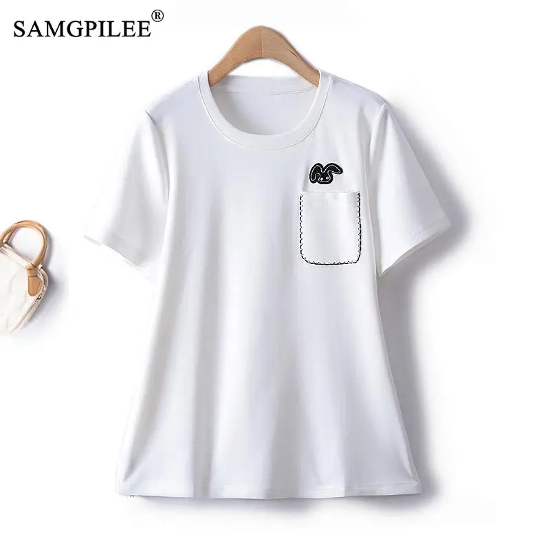 

2023 Summer New Short Sleeve Oversized T-shirt Fashion Bright Line Decoration Pocket Cartoon Patch Air Cotton Solid Top Women