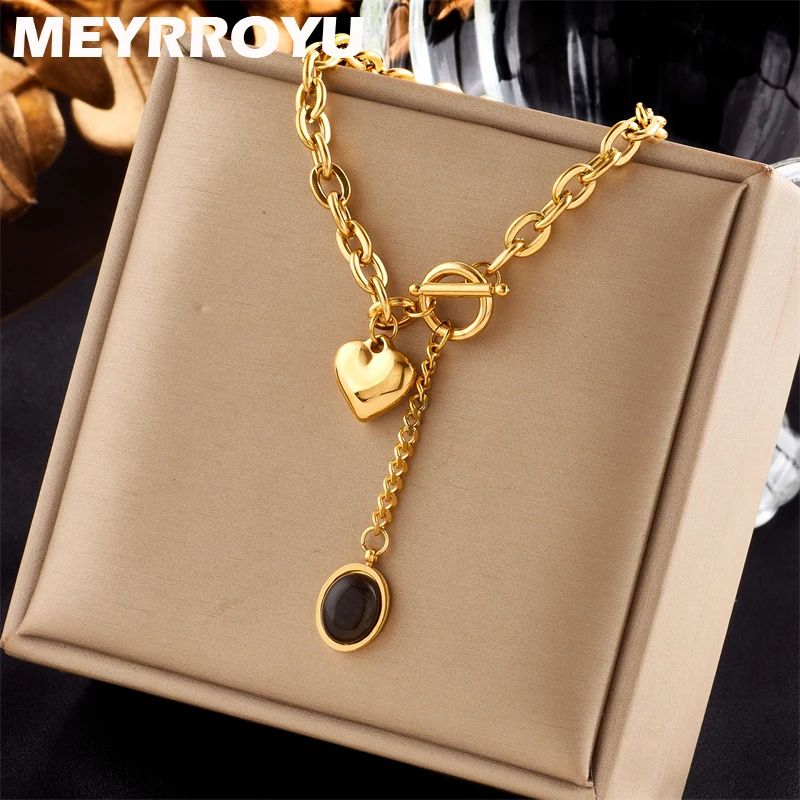 MEYRROYU 316L Stainless Steel Heart Black Stone Pendant Necklace For Women Golden Jewelry Party Gift Bijoux Acier Inoxidable