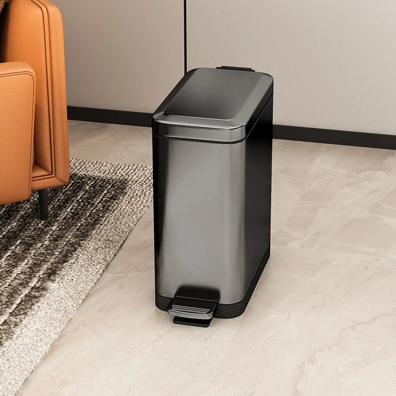 Garbage Bin Household Kitchen Living Room with Lid Narrow Seam Stainless Steel Foot Covered Bathroom Toilet