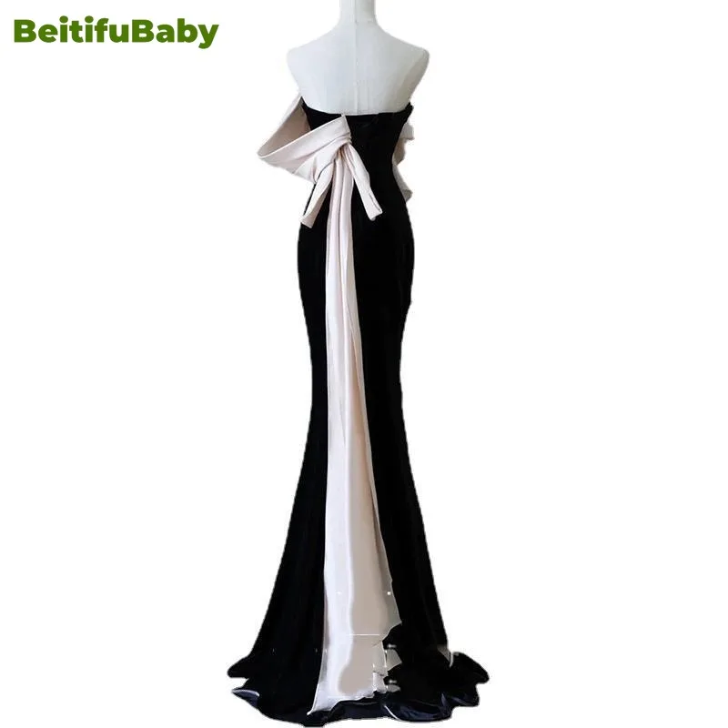 BeitifuBaby 2024 Elegant Evening Dress for Women Vestidos Light Luxury Sequins Strapless Slimming Fishtail Banquet Gown Dresses