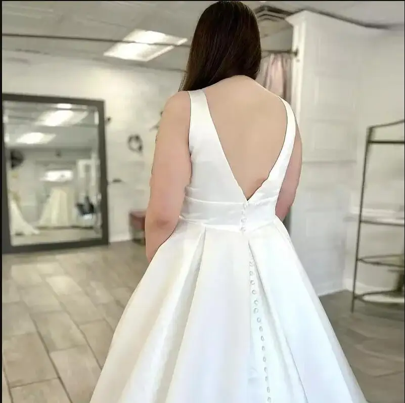 Vestidos de novia elegantes con cuello en V, vestidos de novia largos sin mangas de satén, línea A