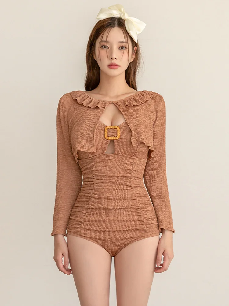 

Сексуальный слитный купальник Sweet Style в корейском стиле с длинными рукавами, застежкой на пряжках, плиссировкой и эффектом утяжки живота, с бретельками