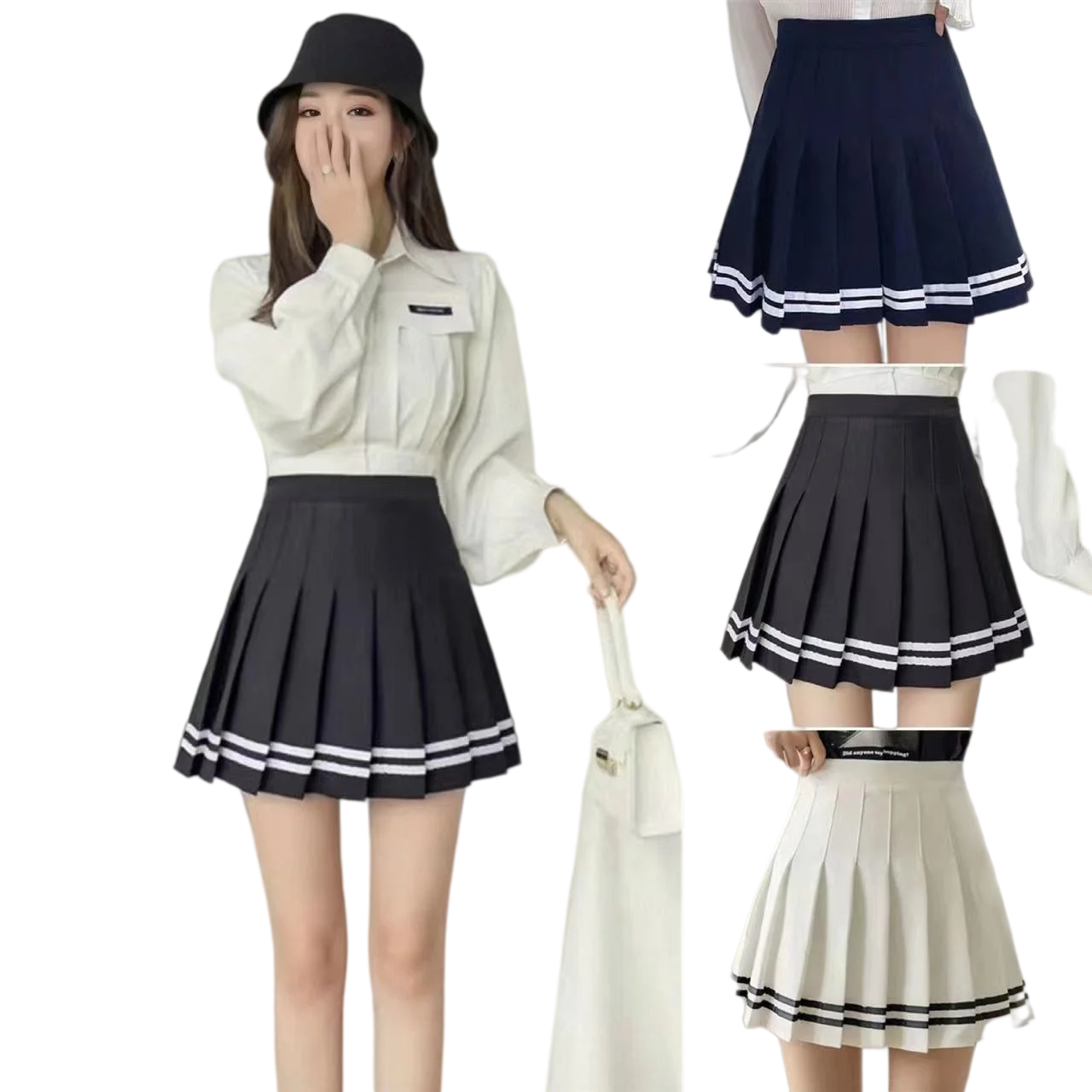 Women High Waist Pleated Mini Skirt A-Line Striped Hem Preppy Style Summer Tennis JK Uniform