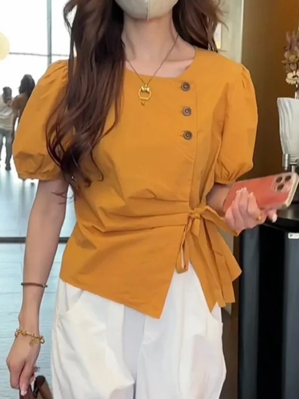 

Elegant Cotton Shirt Women's Summer plus Size Slimming Tie Waist Design Beautiful Small Top Korean Style Bubble Sleeve