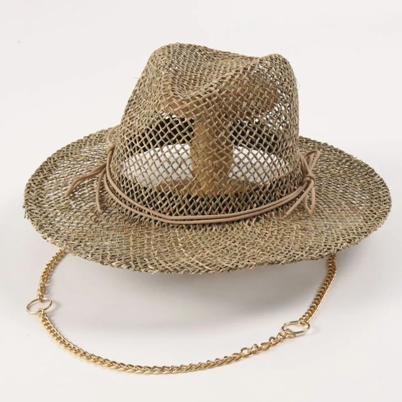 Women Straw Fedora Sea Grass Sun Hat Long Gold Chain Summer Panama Hat Wide Brim Beach Hat UPF50+ Derby Church Garden Party Hat