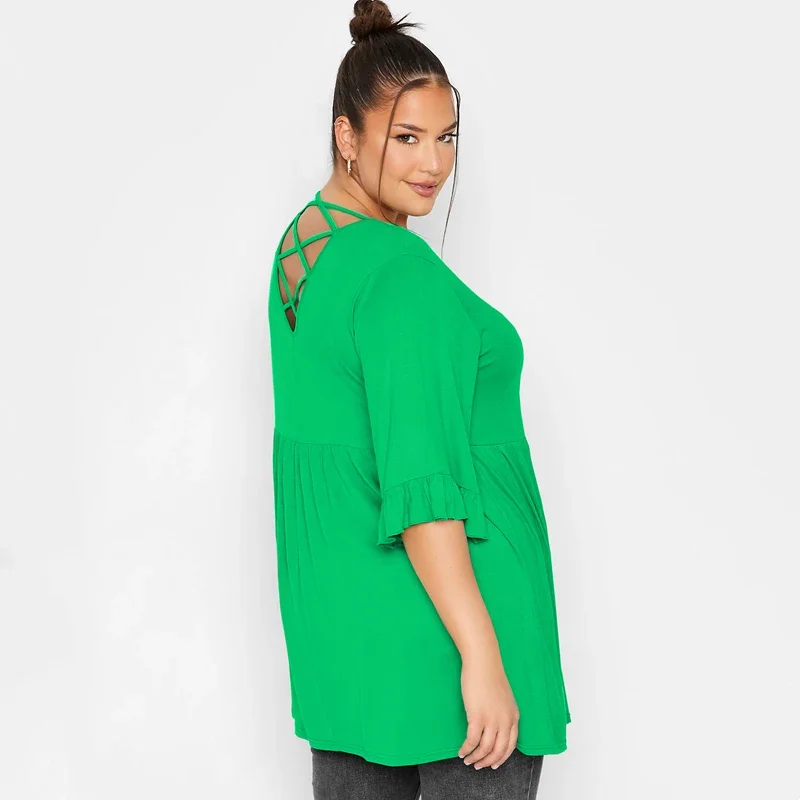 

Plus Size Back Cross Summer Elegant Tunic Tops Women Half Flare Sleeve Scoop Neck Casual Loose Fit Peplum Blouse Large Size 8XL