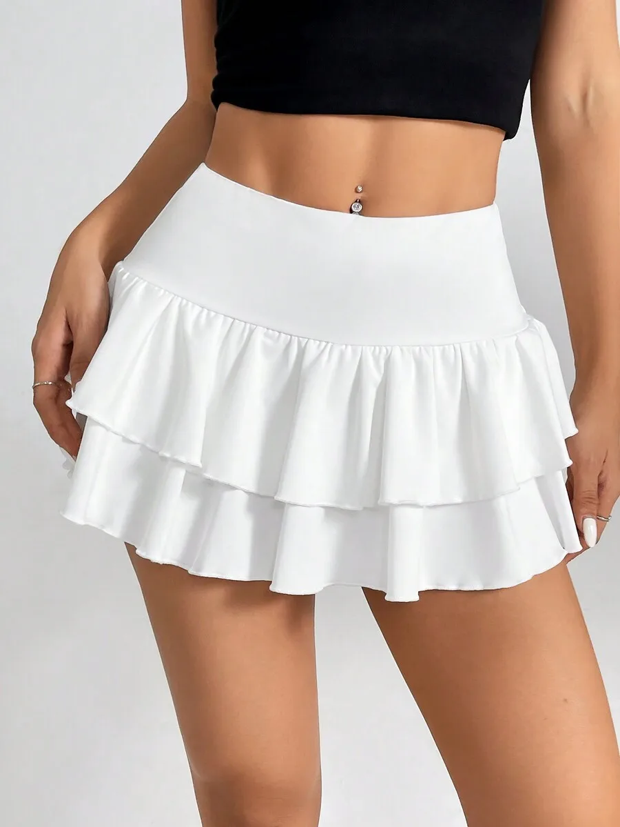 

Women's White Mini Skirt with Double Layered Ruffle Hem and High Waist