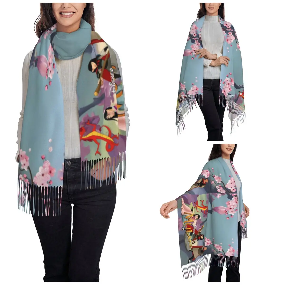 Mulan Princess Beaty Cartoon Shawl Wrap for Ladies Winter Large Long Scarf Cute Mushu Pashminas Shawl Scarves