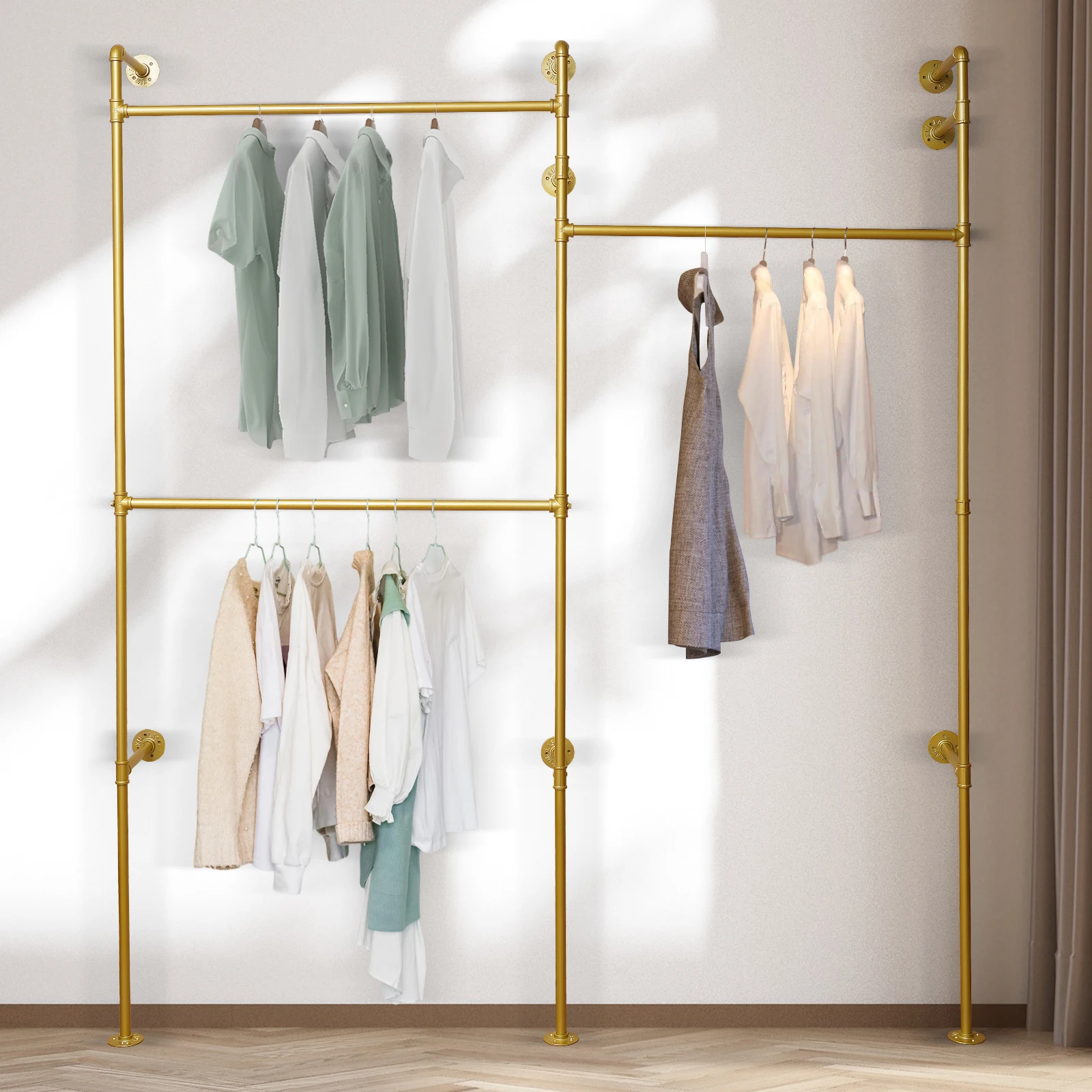 3-Tier Gold Wall Mounted Clothes Shelf Industrial Pipe Store Dress Display Rack Clothing Display Rack Garment Clothing Stores