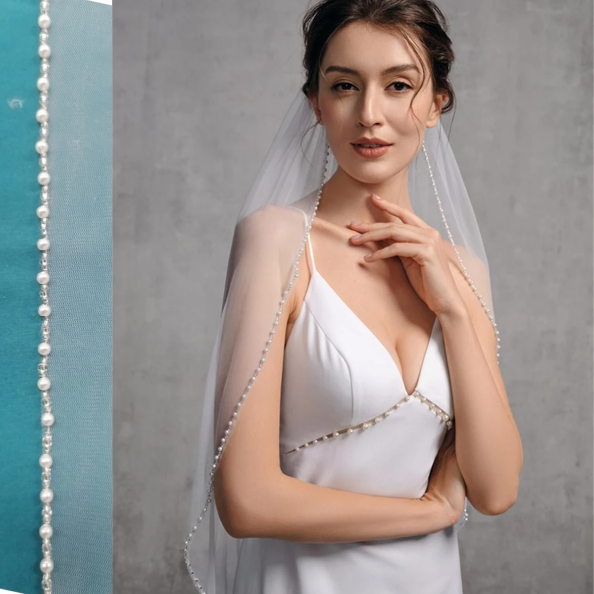 

TOPQUEEN Elegant Bridal Veils Crystal Beaded Wedding Veil with Pearls Crystal Edge 1 Tier Cathedral Brides 2024 Accessories V197