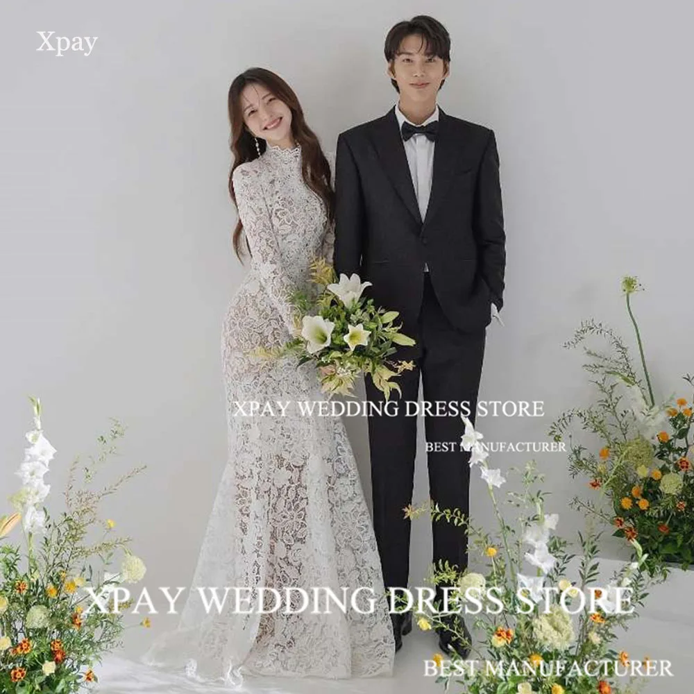 XPAY High Neck Lace Mermaid Korea Wedding Dresses Long Sleeves Pleats Bride Gowns Backless Photography Custom Boho Bridal Dress