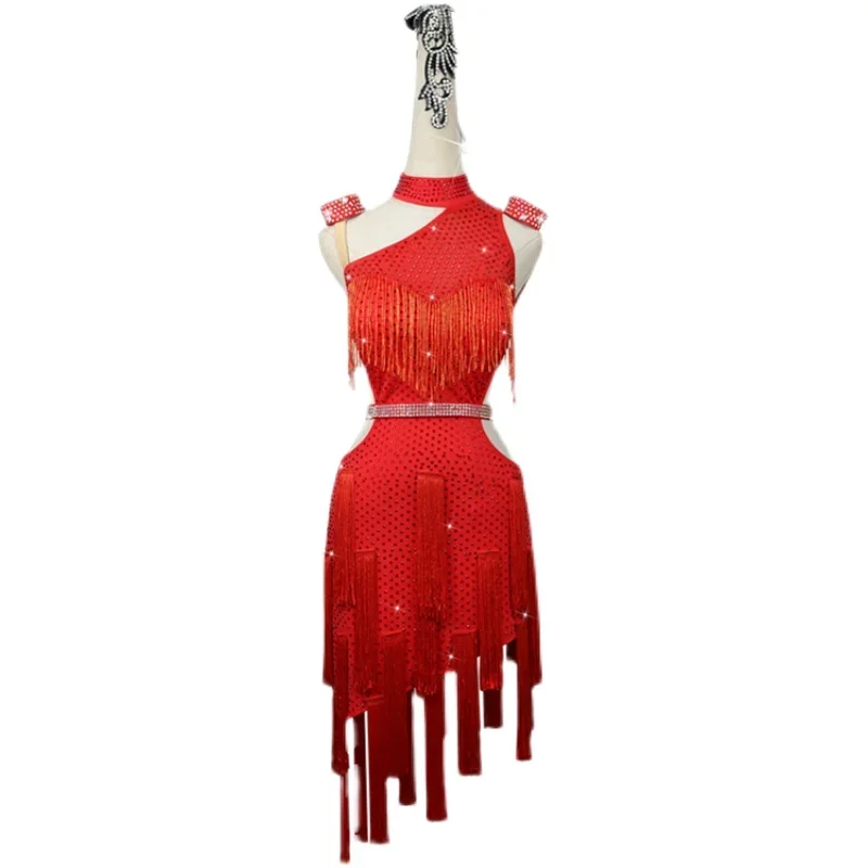 New Latin Dance Skirt Competition Skirt Performance Skirt Adult Custom Fluorescent Red Tassel Sexy Dance Dress Women