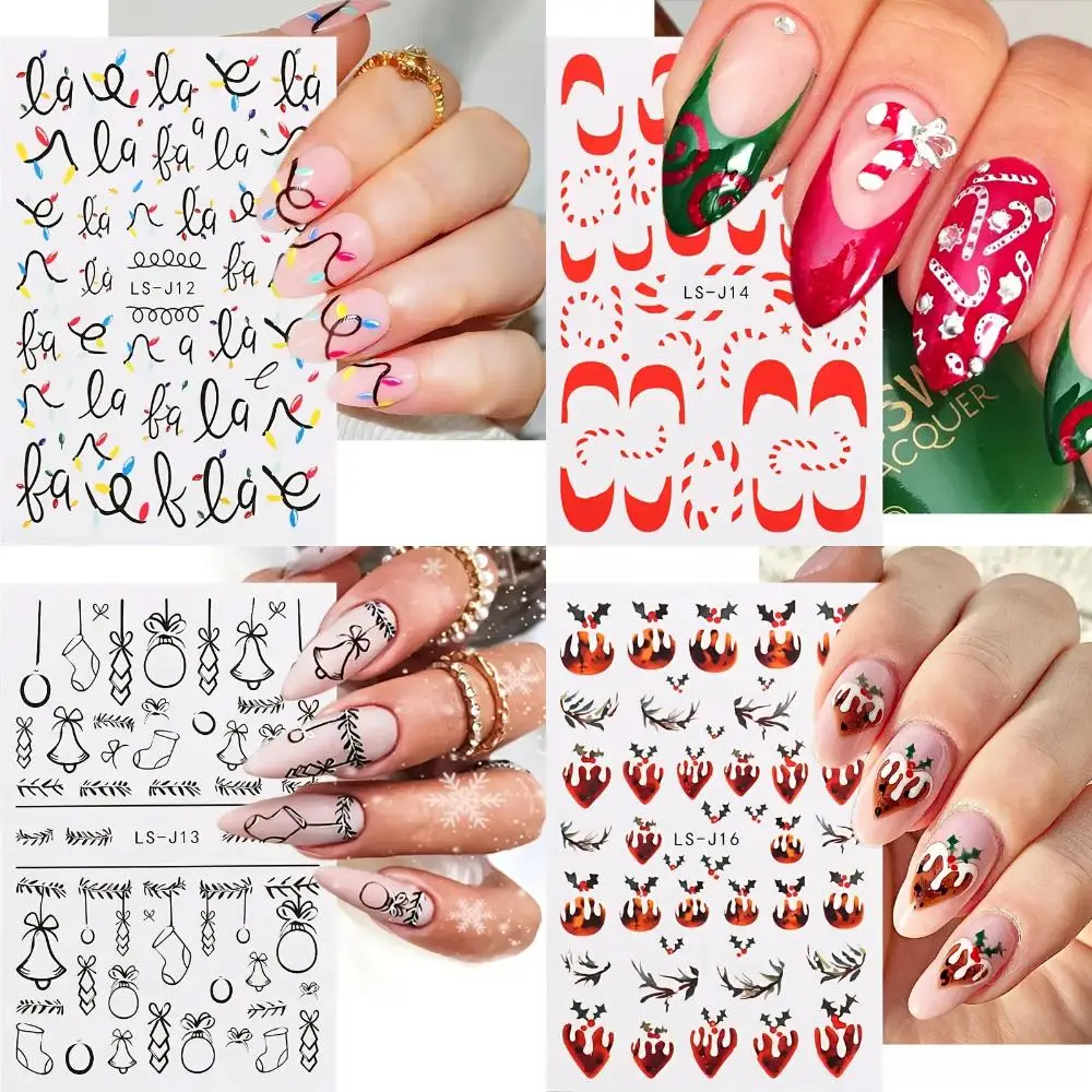 Doces de natal 3d arte do prego adesivos auto-adesivos sino decorações para mulheres meninas crianças, diy manicure decalques de unhas gradiente prego