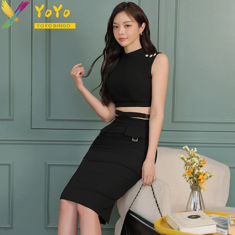 Elegant Formal Suits Black High-neck Sleeveless Short Top+High Waist Split Skirt 2024 Summer Slim Fit Office Lady 2 Pieces Set