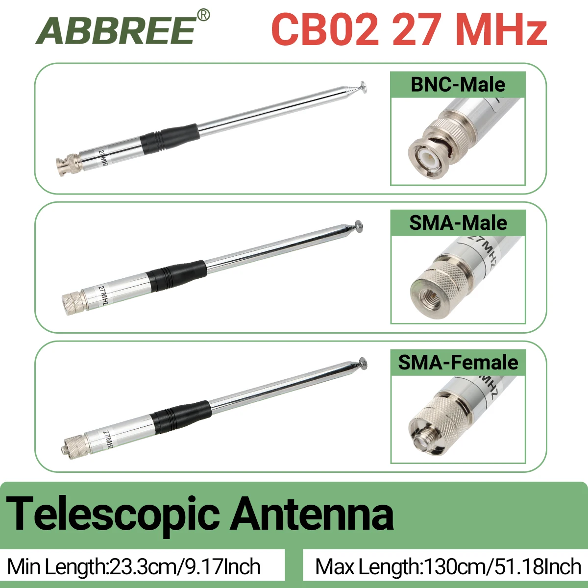 ABBREE 휴대용 텔레스코픽 CB 안테나, Quansheng UV-K5 UV-K5(8) baofeng UV-K61 워키토키용, 27MHz SMA-암, SMA-수, BNC