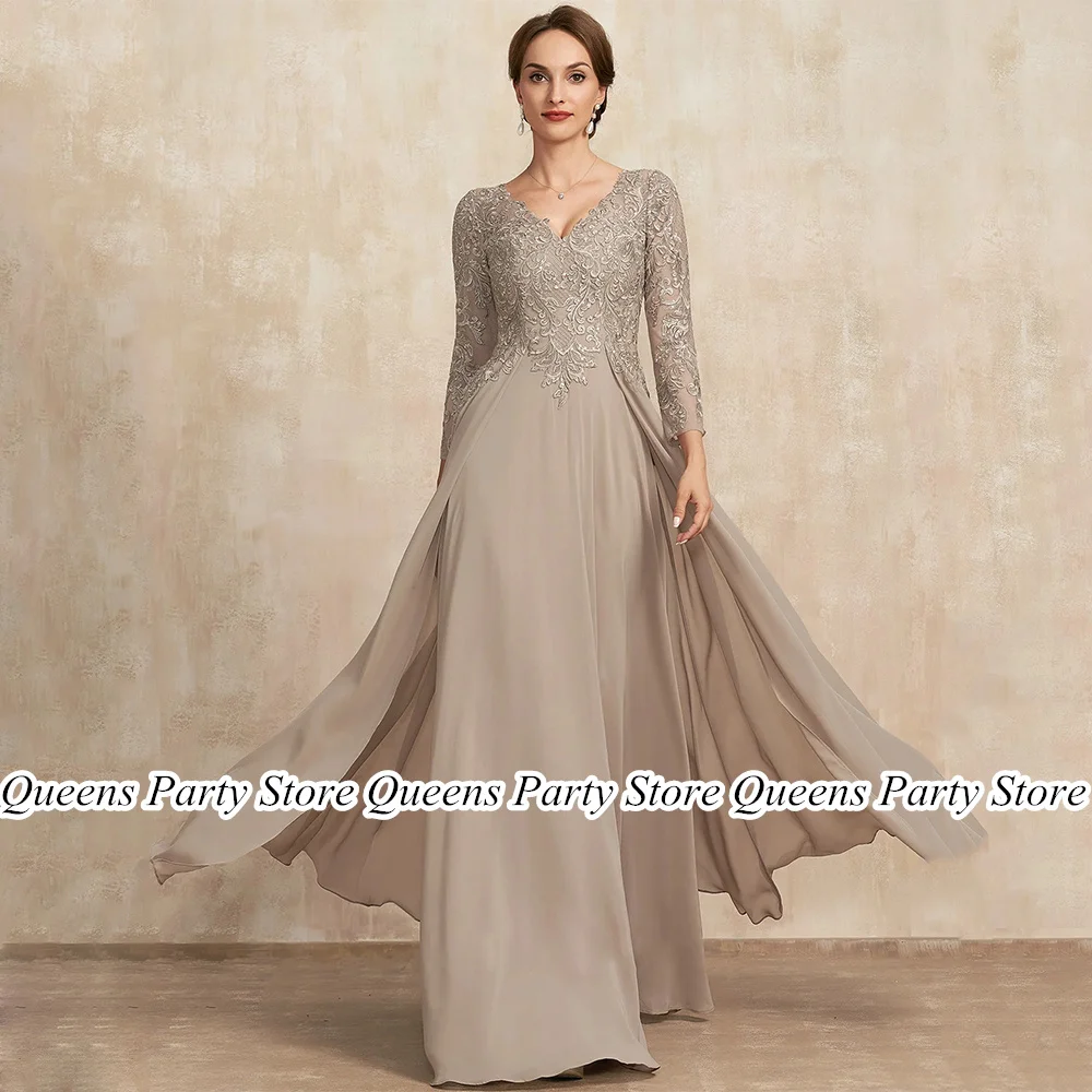 Champagne Wedding Guest Dresses Customized V Neck Sequined Applique Chiffon Summer Mother of The Bride Dress Party Gown