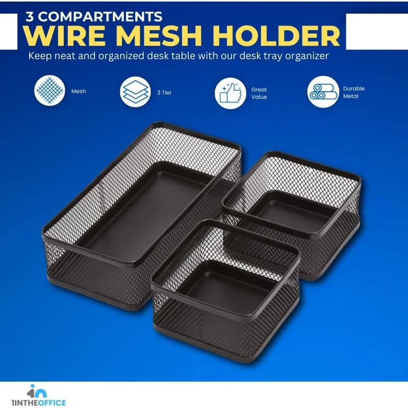 Desk Baskets and Organizers Tray, Black Mesh , Wire , 3-Compartment Stackable