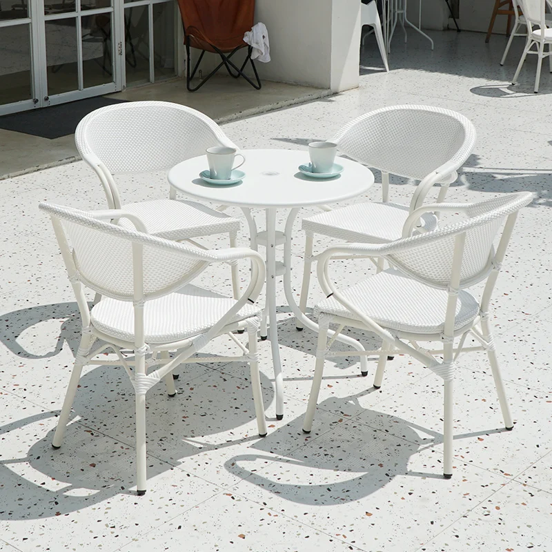 White Outdoor Wicker Furniture Set: Round Dining Table With Matching Chairs Outdoor Terrace Garden Stackable Table And Chair Set