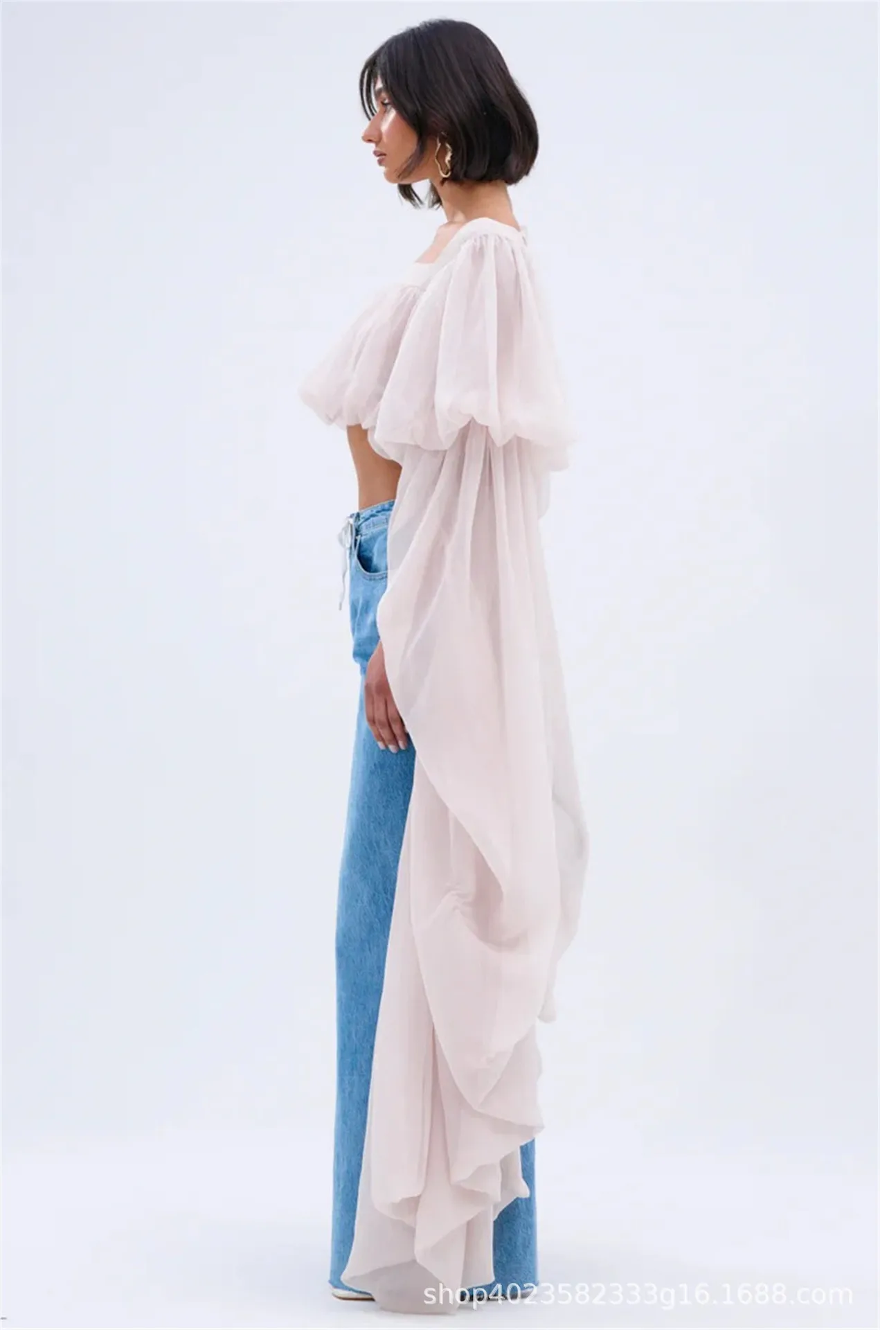 Square Neck Flowy Tunic Blouse Batwing Long Ruffle Maxi Cape Sleeve Loose Chiffon Blouse Women Boho Casual Elegant Flowy Shirt