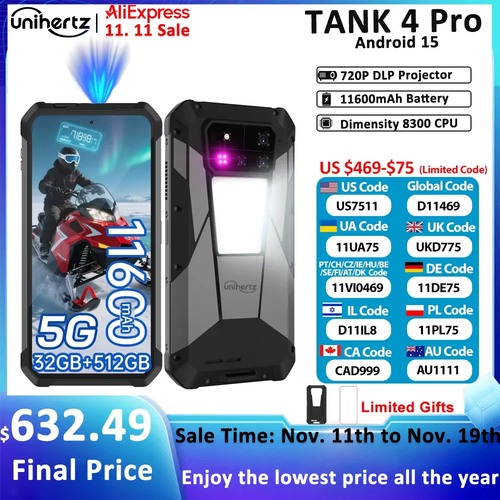 Unihertz Tank 4 pro 8849 Smartphone Android 14 with 720P Projector 5G AI Dimensity 8300 1TB ROM 3K AMOLED 11600mAh 120W Charger