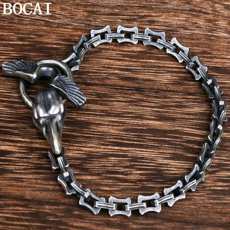 BOCAI New S925 Silver Yamamoto Crow Skull Handmade Men Bracelet 5.5MM Angular Chain