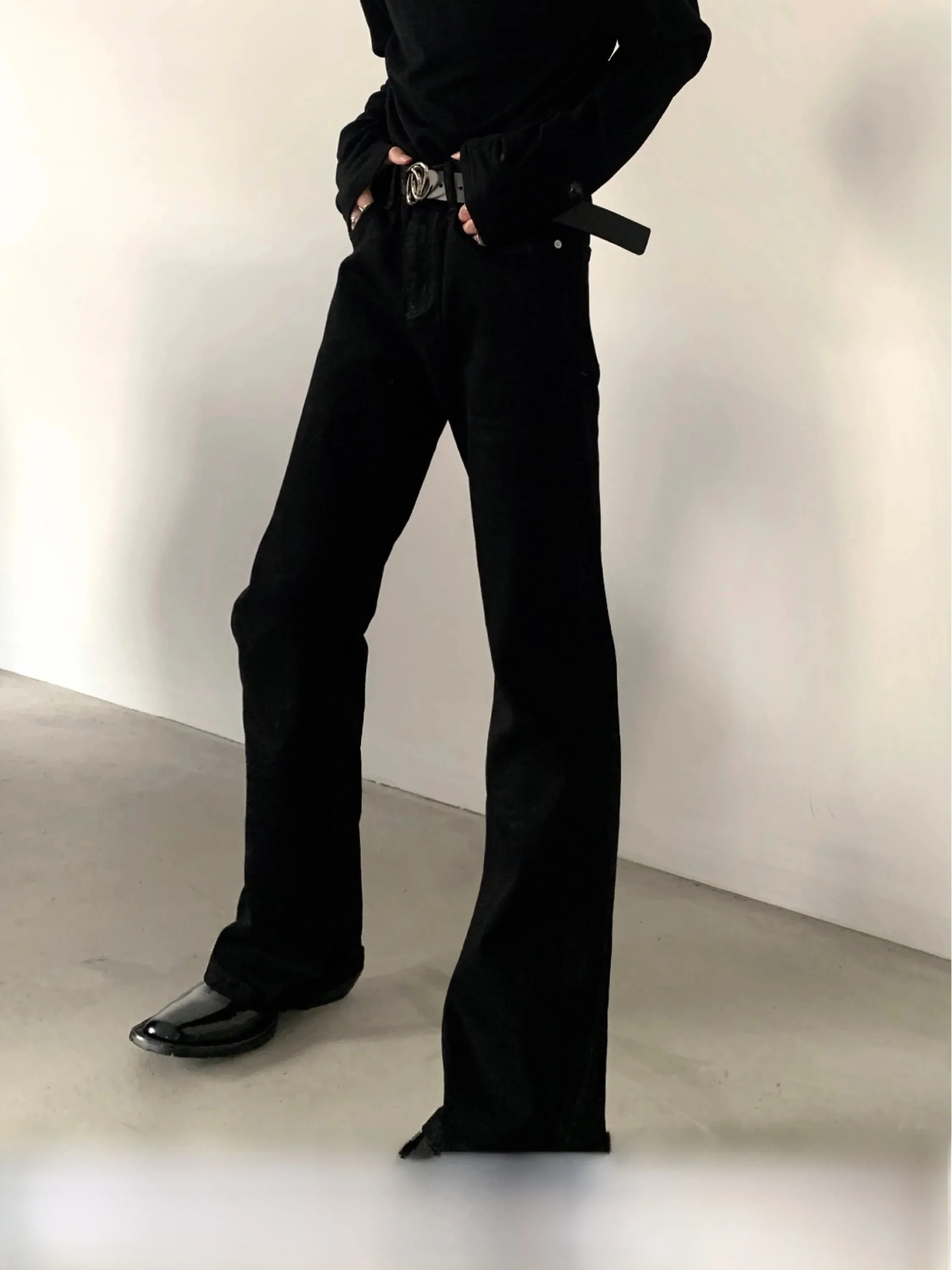 High Waist Black Denim Jeans Men's Slim Fit American High Street Vibe Micro Flared Jeans Cleanfit Basic Autumn Mountain Wind