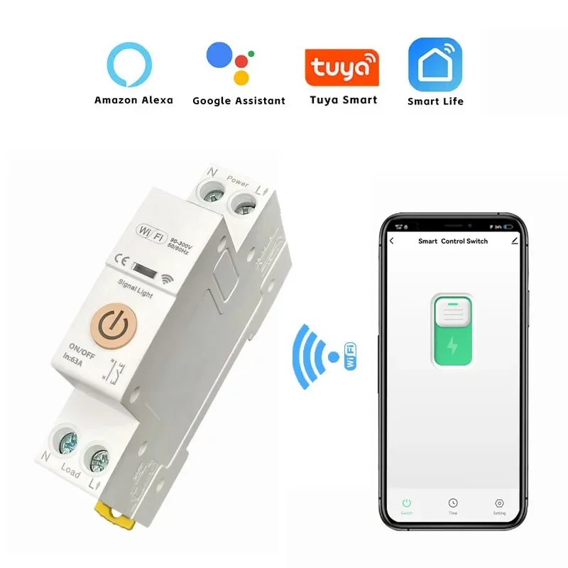 Tuya Smart Life WiFi 63A Circuit Breaker Switch 1P+N Timer App Remote Control Works with Google Home Alexa Home Automation