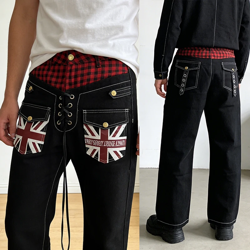 

Spring American Retro Double Waist Jeans Checkered Splicing Street Style with Personalized Front Strap Design