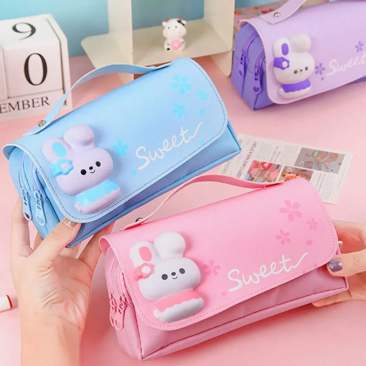 1pcs Cute Stress Relief Canvas Pen Bag for Students Sakura Rabbit Pen Bag Small Fresh Stationery Bag Office & School Supplies