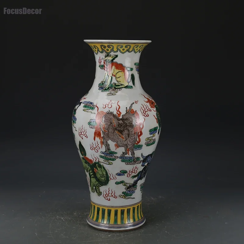 Vintage Chinese Vase Hand Painted Qing Colorful Vase Animal Dragon Lion Palace Museum Auction House Flower Vases Decoration Tall