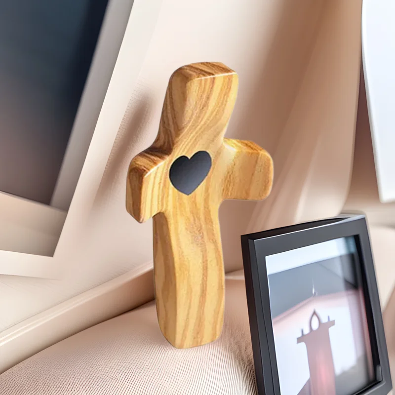 Handheld Cross with Heart Cutout Wooden Pocket Cross with Heart Cutout Stress Relief Handheld Cross Encouragement Gift