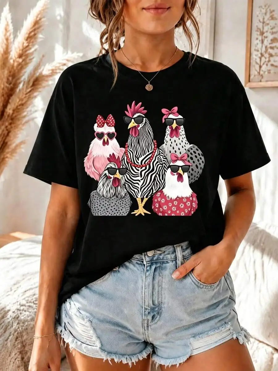 Women Casual Short Sleeve T Shirt Cute Fun Chicken Print Loose Crewneck Summer Daily Wear Streetwear Trendy Summer Outfit Top