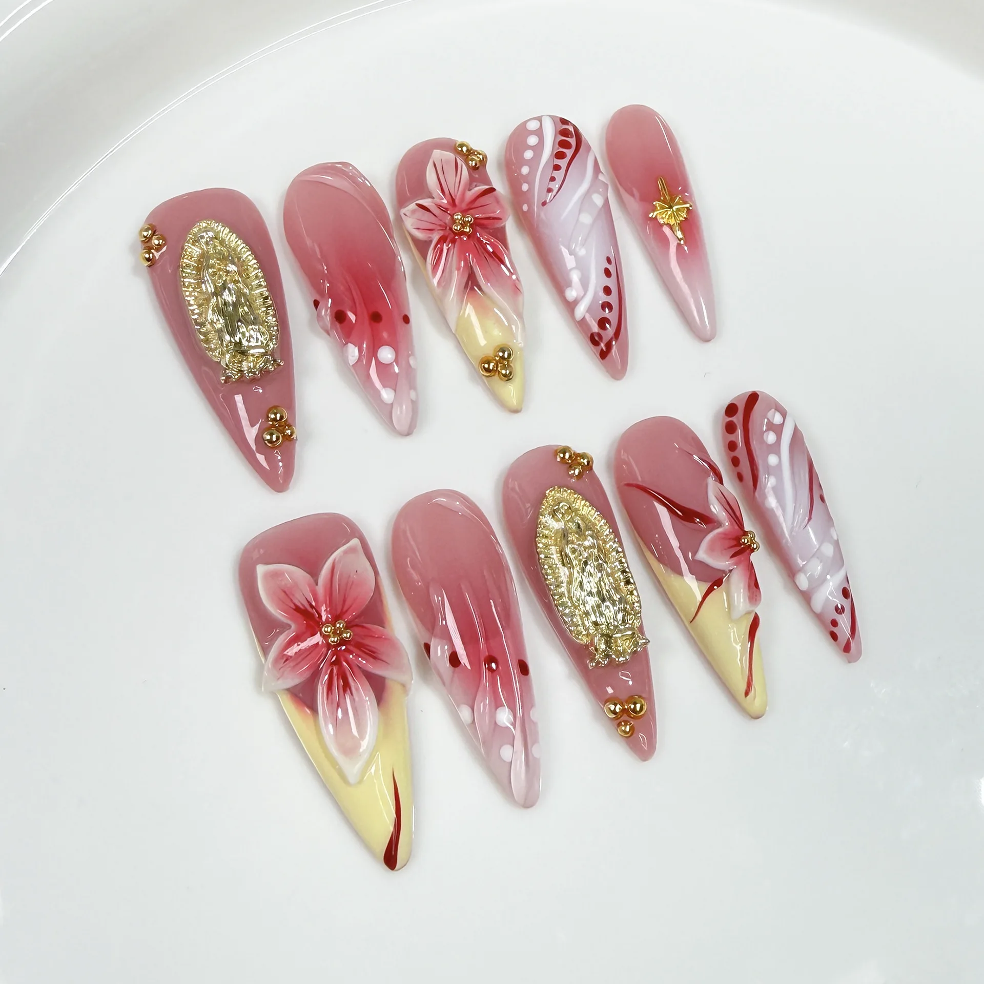 

10pcs French Long Stiletto Handmade False Nail Set Flower Diamond Design Stick on Nail Tip Pink Press on Fake Nails Art Finished