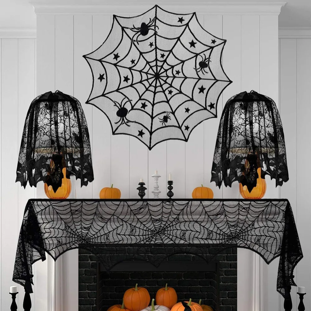 Dark Style Halloween Spider Curtain Translucent Hand Washable Spider Web Table Runner Soft Bat Curtain Haunted House