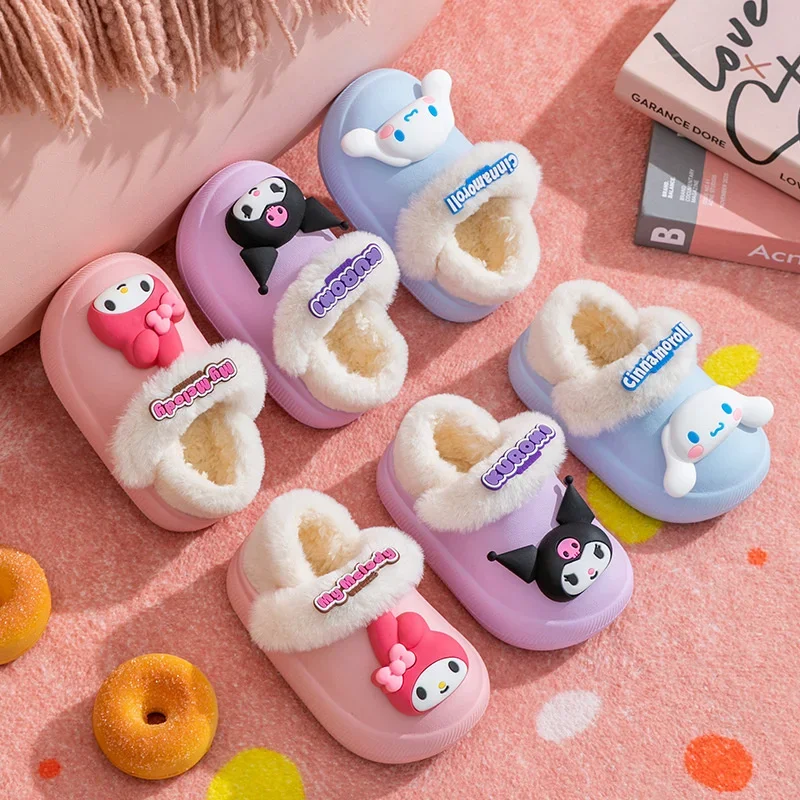 

Sanrio My Melody Children Slippers Winter Kids Shoes Anime Figure Plush 2-10 Years Old Removable Keep Warm Cartoon Hot Bag Heel