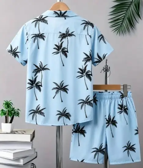 Hawaiian Tropical Plant Pattern Men Co‑ord Set Turn‑down Collar Button Shirt Elastic Waist Short Pant Vacation Suit - view 5