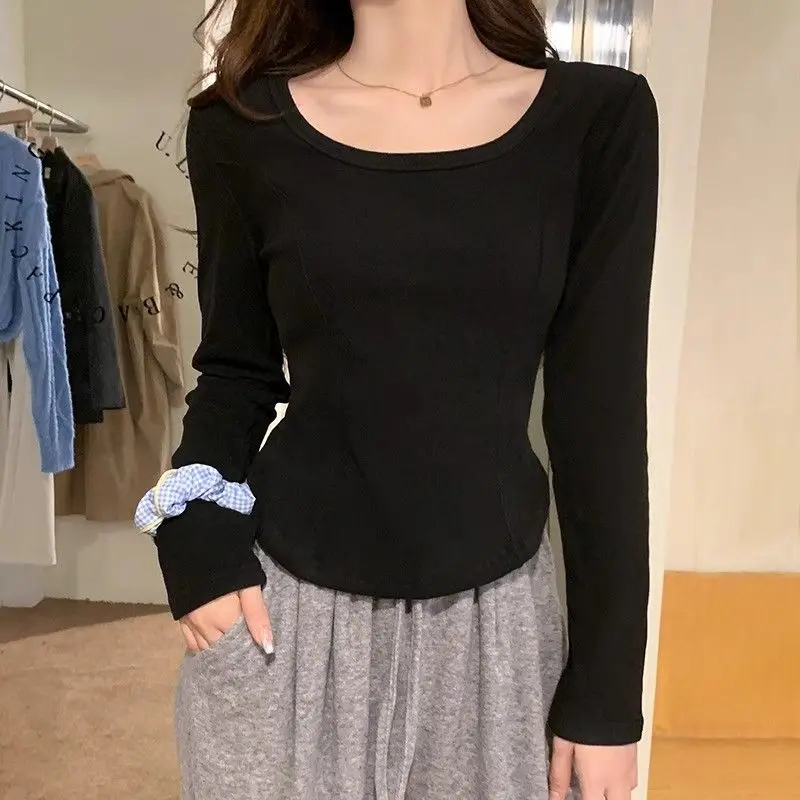 

Women's Autumn Fashion Simplicity Solid Color Square Collar Long Sleeve T-Shirt Women Clothes Office Lady All-match Slim Tops