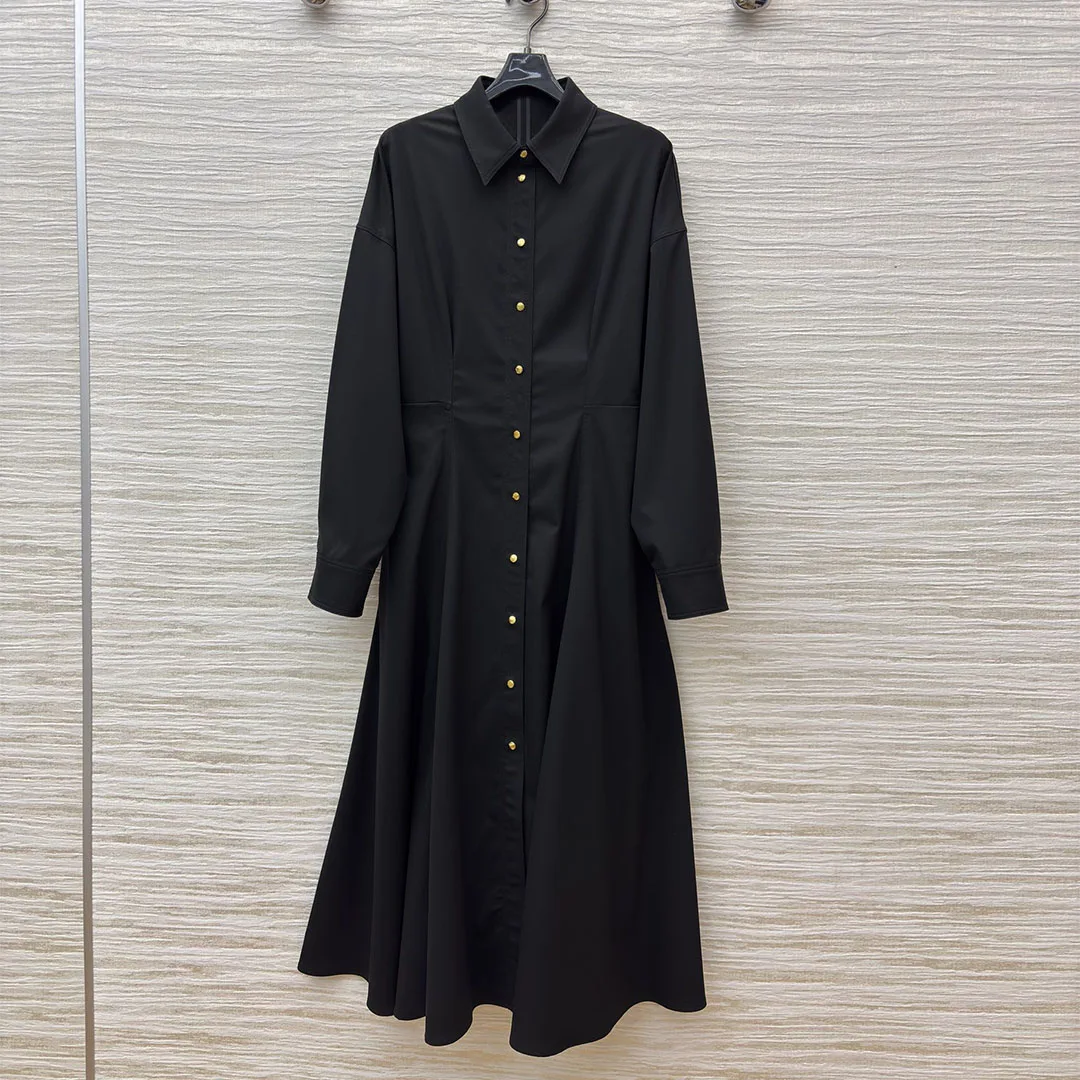 

2026 Новое весеннее модное элегантное черное длинное платье трапециевидной формы, женское шикарное модное платье с лацканами и длинными рукавами на золотых пуговицах