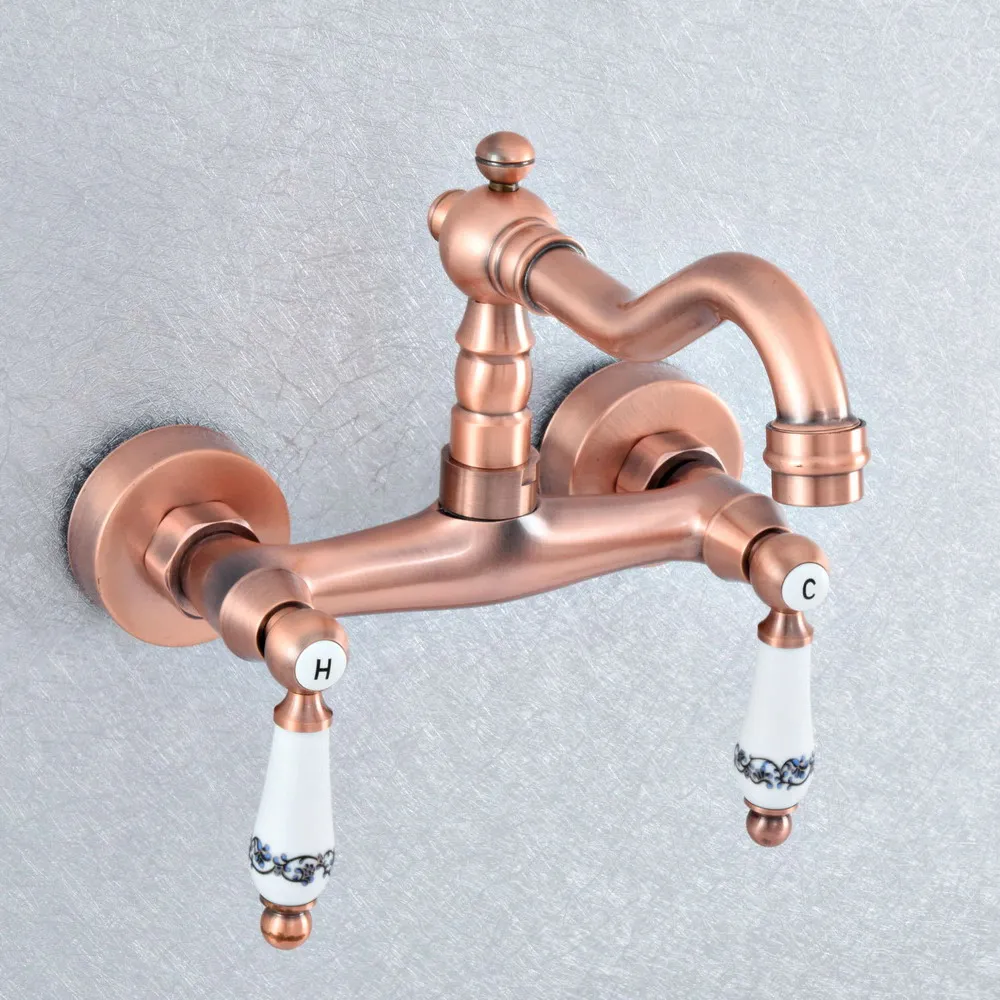 

Antique Red Copper Brass Wall Mounted Kitchen Wet Bar Bathroom Vessel Basin Sink Hot Cold Mixer Tap Swivel Spout Faucet msf907