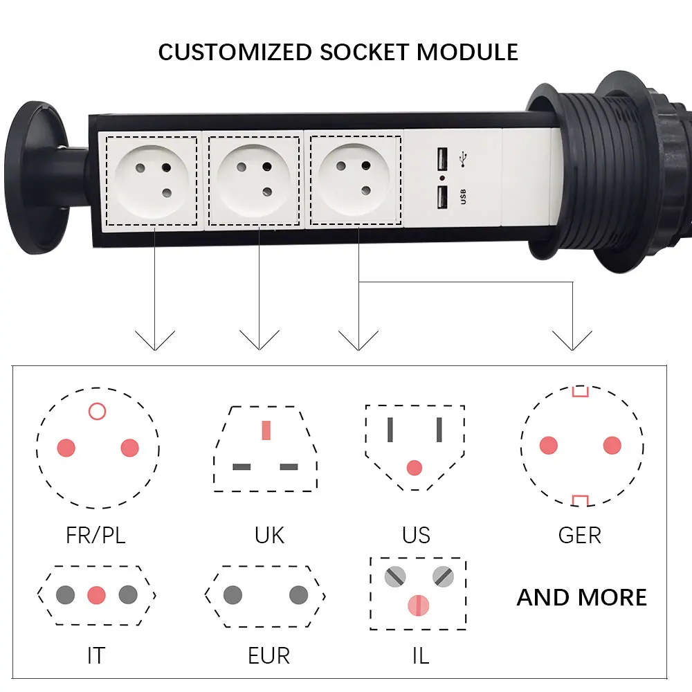 Israeli Socket / EU US AU  Plug Socket  Kitchen,Home Pull-out Socket / Hidden On Desktop / 3-bit Power Supply  USB Charging