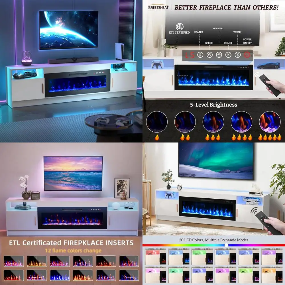 

Подставка под телевизор с электрическим камином для телевизоров 42-90 — светодиодный развлекательный центр с глянцевыми дверцами, ширина 80