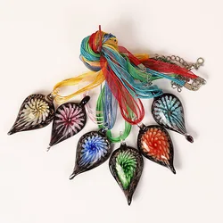 QianBei Fashion Wholesale 6pcs Handmade Murano Lampwork Glass Mix Color Leaf Flower Pendants Charms Silk Cords Necklace New