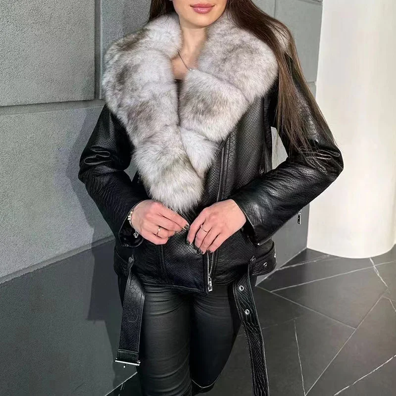 

2023 Women's Winter Autumn Genuine Sheepskin Leather Jacket Natural Fox Fur Collar Biker Coat Detachable Collar Sleeve Lady NZ53