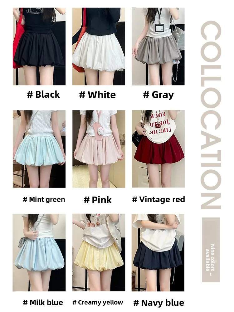Women's Mini Skirt High Waist A-Line Slimming Summer Skirt with Built-in Shorts for Petite, Pleated Puff Hem Pink